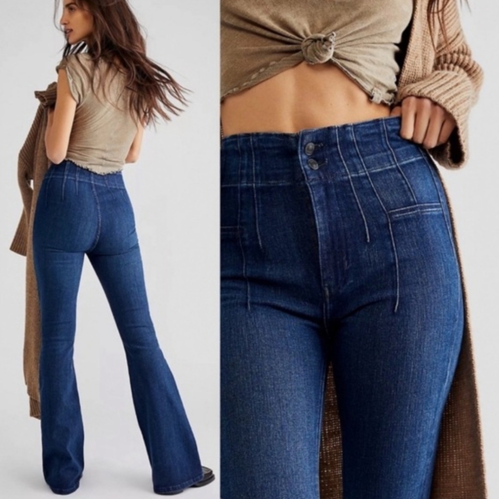 Free People Dark Blue High-Rise Flare Jeans